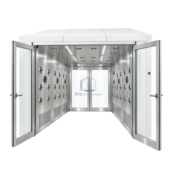 STjh wide 3000 mm multi-person air shower with open twin glazed doors, three bilateral nozzle banks and a floorless passage