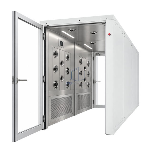 STjh long narrow 3000 mm multi-person air shower with two wall nozzle banks, two return grilles and an open glazed entrance door
