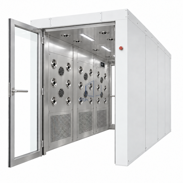 STjh 3000 mm long multi-person air shower with three eight-jet wall banks, three return grilles and an open glazed entrance door