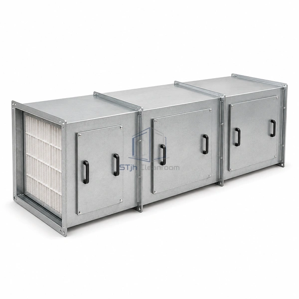 STJH-MULTI-STAGE-HOUSING-DUAL-PRE-HEPA three connected filter sections with individual side service covers