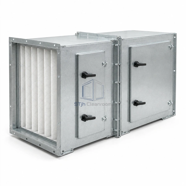 STJH-MULTI-STAGE-HOUSING-PRE-HEPA connected two-stage galvanized filtration housing with separate service covers