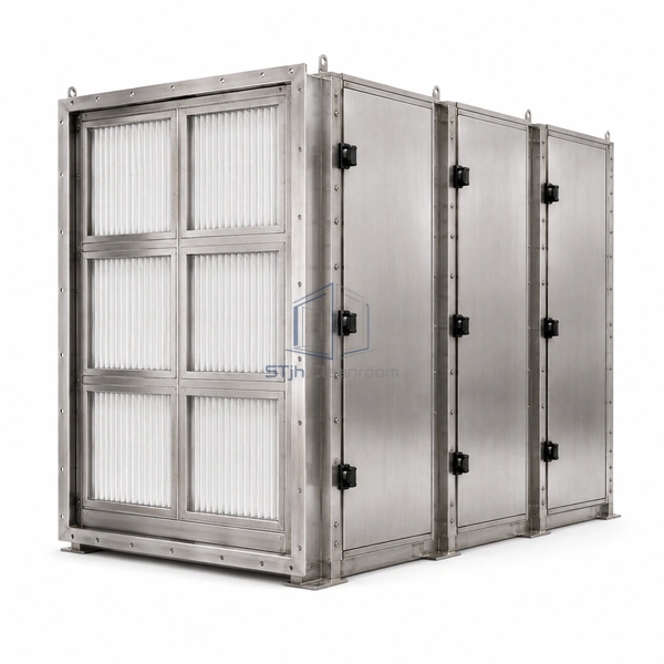 STJH-MULTI-STAGE-HOUSING-PRE-MOL-HEPA tall three-stage stainless housing with six inlet panels in two columns