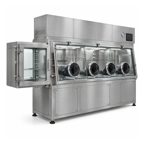 STjh four-glove containment isolator with a single side transfer airlock