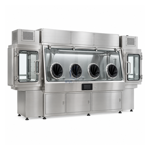 STjh four-glove containment isolator with separate entry and exit airlocks