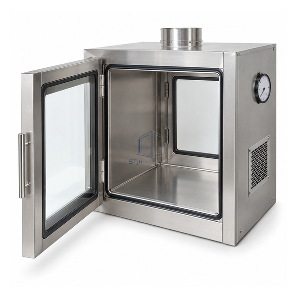 STjh compact 500 mm negative-pressure SUS304 containment pass box with extraction collar and sealed interlocked door
