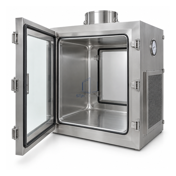 STjh large 700 mm negative-pressure containment pass box with coved SUS304 chamber and multiple compression latches