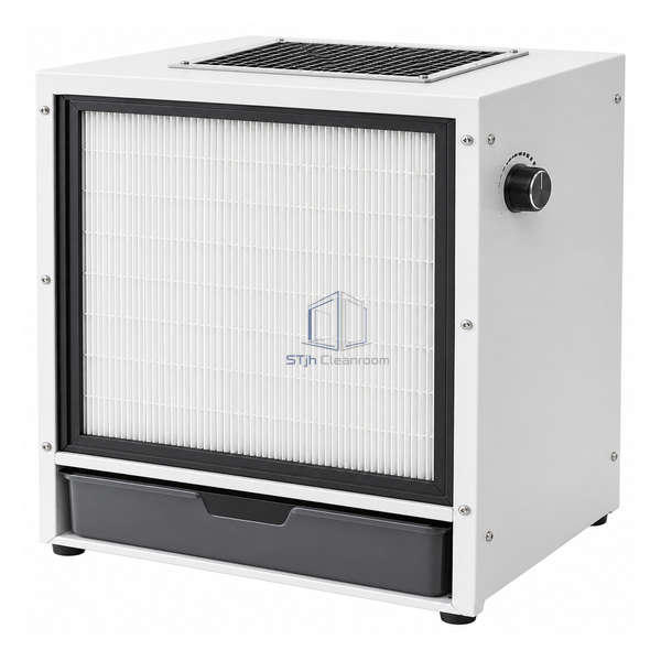 STjh short 16 by 24 inch reverse-flow HEPA unit with room-side intake and dust collector pan