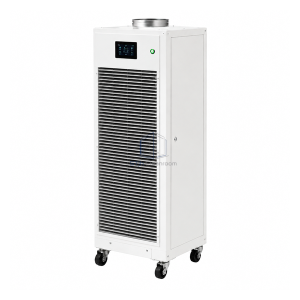STjh 475 CFM mobile isolation air filtration tower with front intake grille, touchscreen and upper duct collar