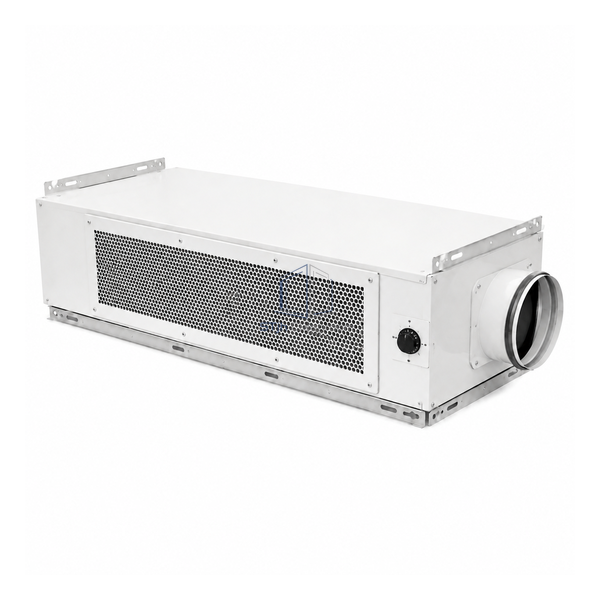 STjh 500 CFM multi-mount air filtration unit showing mounting flanges, perforated intake and round duct connection