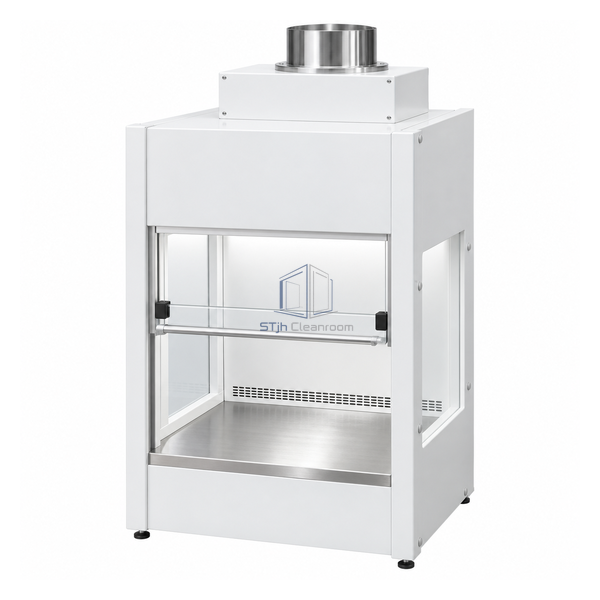 STjh compact 2 foot ducted negative-pressure weighing enclosure with HEPA housing and remote exhaust collar