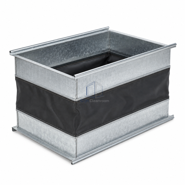 STJH-NEOPRENE-FLEXIBLE-DUCT-CONNECTOR-HEAVY-4X4X4 wide flange-ready metal legs and black fabric on white