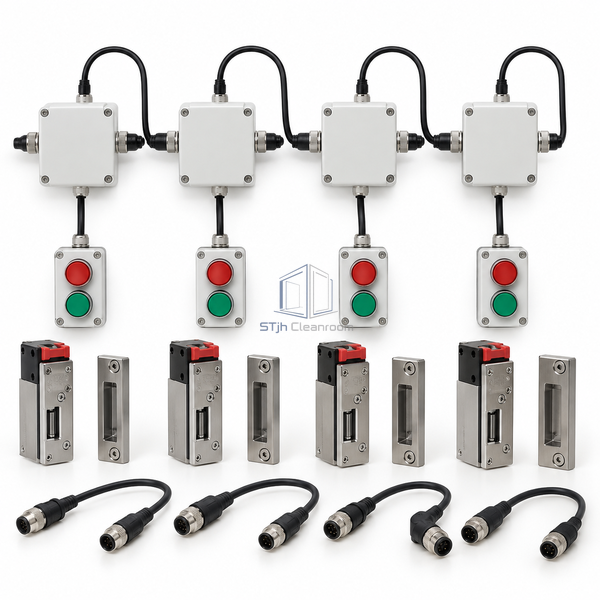 STJH decentralized interlock network with individual door modules and status stations on white.