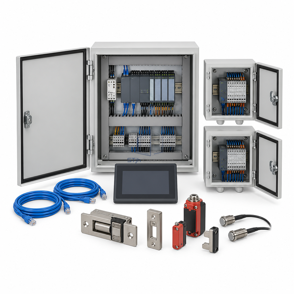 STJH Ethernet interlock master cabinet and remote I/O enclosures on a white background.