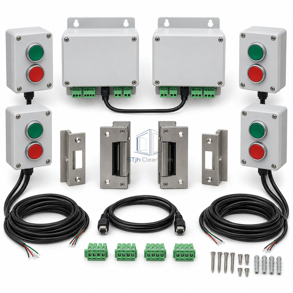 STJH RS485 interlock kit with linked control modules and red-green stations against white.