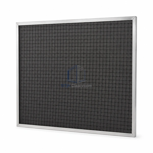 STJH-NYLON-MESH-PRE-FILTER-592X592X10 thin square black nylon screen in a metal frame on white