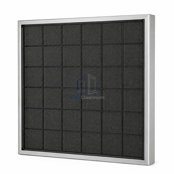 STJH-NYLON-MESH-PRE-FILTER-592X592X21 reinforced black nylon mesh panel with a deeper edge on white