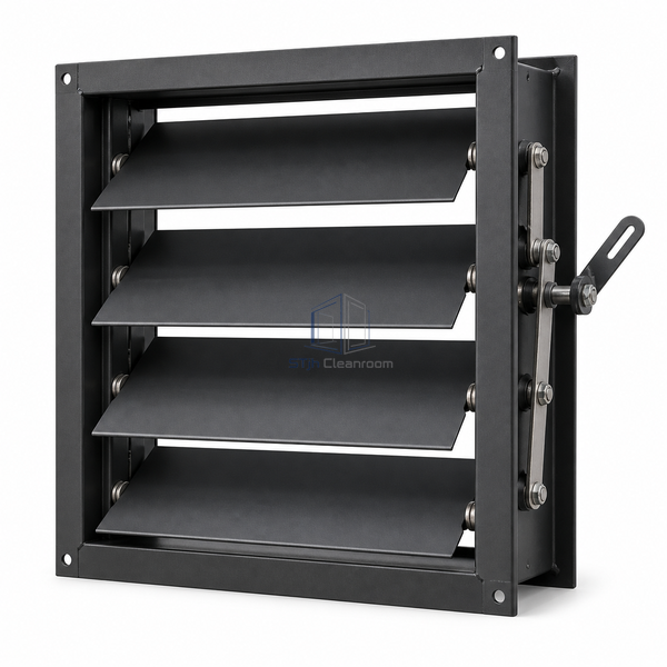 STJH-OPPOSED-BLADE-VOLUME-DAMPER-300X300-STEEL white-background main view with linked steel blades and slotted operator