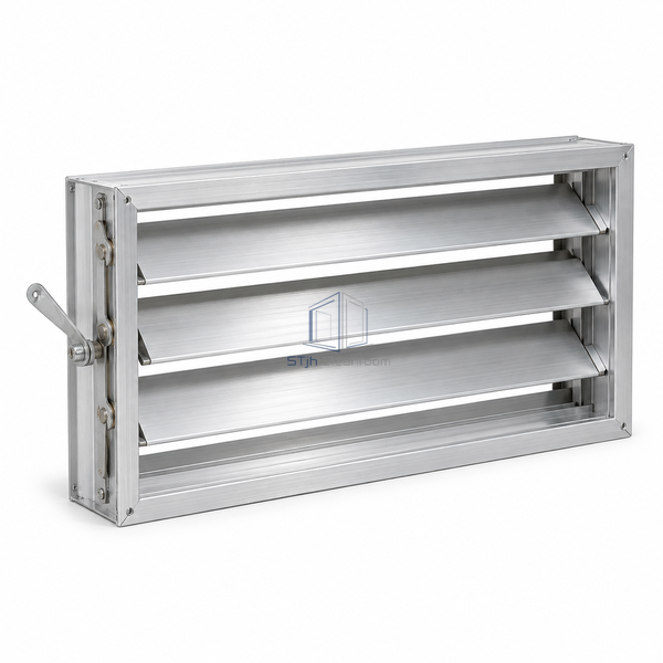 STJH-OPPOSED-BLADE-VOLUME-DAMPER-600X300-ALUMINUM white-background main view of wide aluminum blades and manual lever