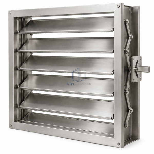 STJH-OPPOSED-BLADE-VOLUME-DAMPER-600X600-SS white-background main view showing square stainless damper and linkage