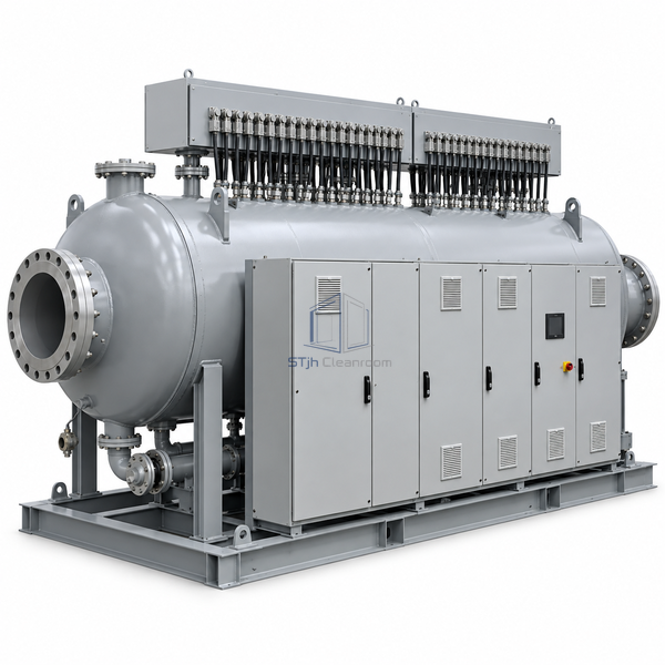 STjh 2000 kW electric hot-water boiler with a large double-ended vessel and broad electrical cabinet on white.