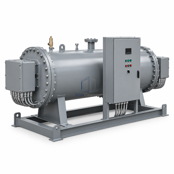 STjh 280 kW packaged electric hot-water boiler with a compact double-ended vessel and control cabinet on white.