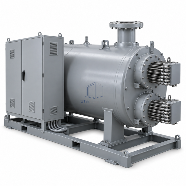 STjh 920 kW electric hot-water boiler with a medium vessel, enlarged terminal banks and flanged outlet on white.
