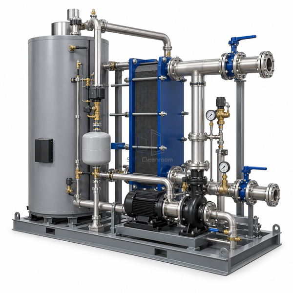 STjh 100 GPM packaged hot-water heating unit with a broad exchanger skid and large circulation connections on white.