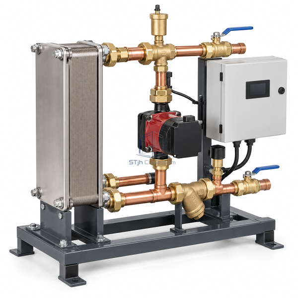 STjh 40 GPM packaged hot-water heating unit with a compact exchanger and recirculation pump on white.