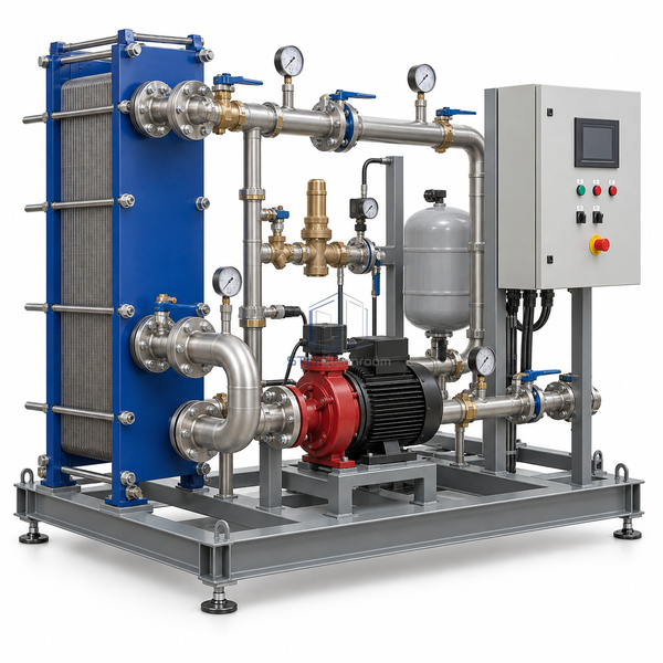 STjh 70 GPM packaged hot-water heating unit with a larger exchanger and expanded circulation piping on white.