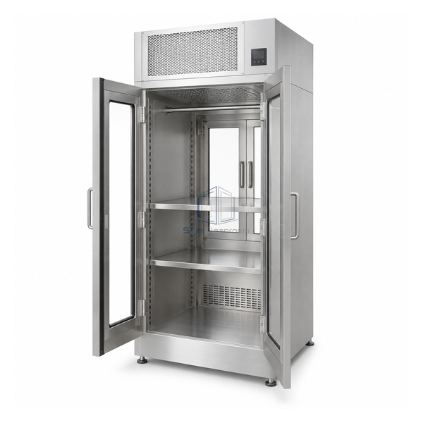 STjh compact 610 by 610 by 915 mm HEPA pass-through storage cabinet with shelves and hanging rod