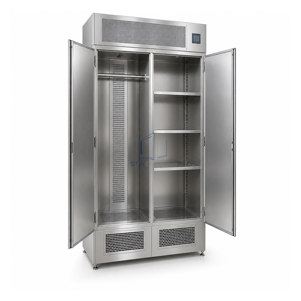 STjh tall 915 by 610 by 1525 mm HEPA pass-through cabinet with divided shelf and hanging storage