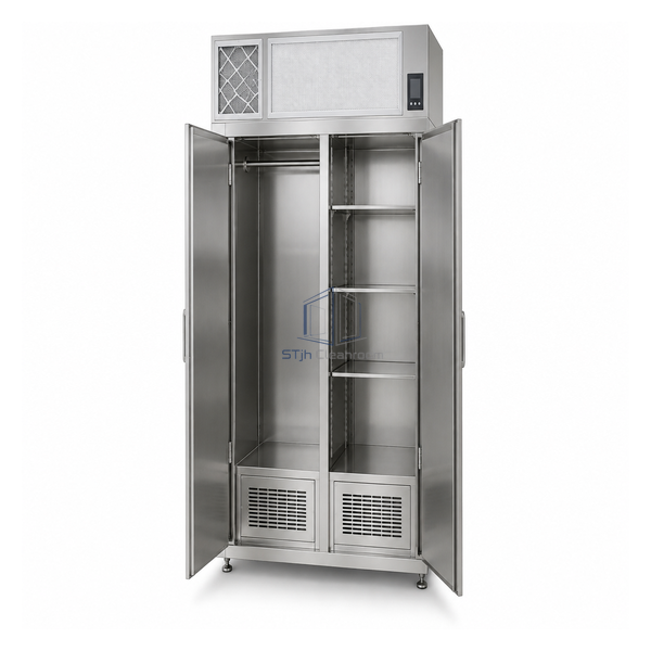 STjh full-height 915 by 610 by 1830 mm HEPA pass-through storage cabinet with hanging rod and adjustable shelves