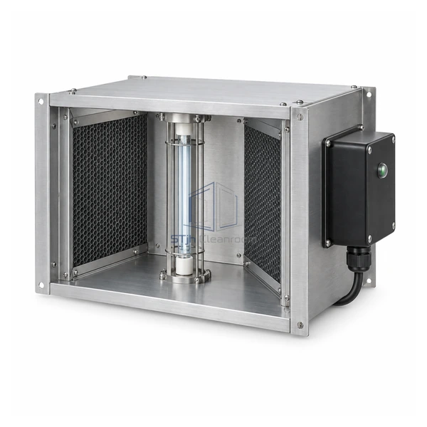 STJH-PCO-MODULE-10W-1500 compact brushed-metal photocatalytic module with one guarded UV-C lamp on a white background