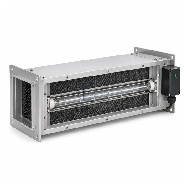 STJH-PCO-MODULE-18W-2600 medium-length brushed-metal photocatalytic module with one guarded UV-C lamp on a white background