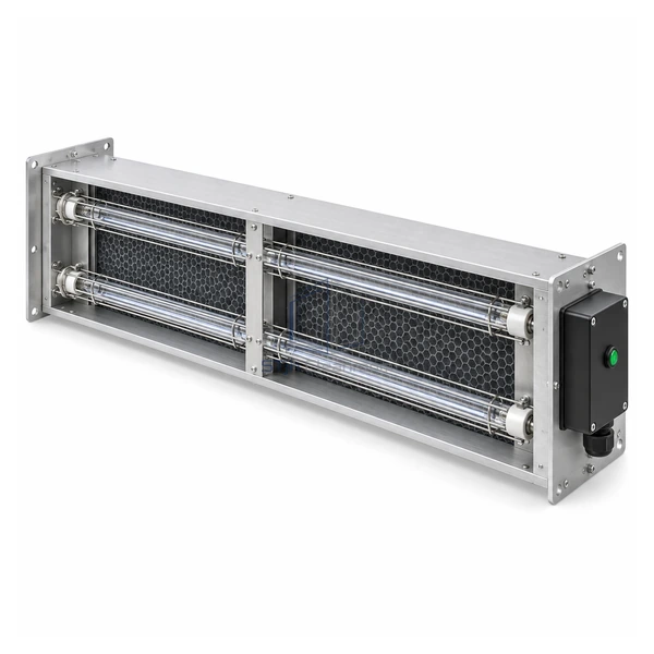 STJH-PCO-MODULE-28W-4300 long brushed-metal photocatalytic module with two guarded UV-C lamps on a white background