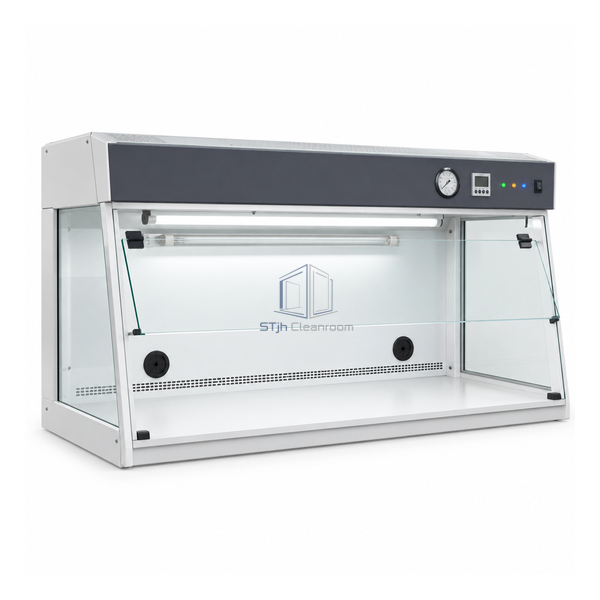 STjh 1200 mm PCR preparation workstation showing its long white work deck, clear sides and dark gray control panel