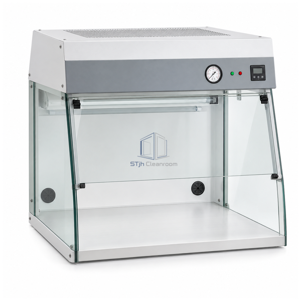 STjh 600 mm PCR preparation workstation with a compact glass enclosure, upper lamp tubes and gray control fascia