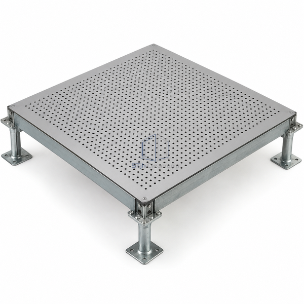 STJH 25 percent open perforated steel access-floor panel with round holes and complete tubular perimeter frame on white