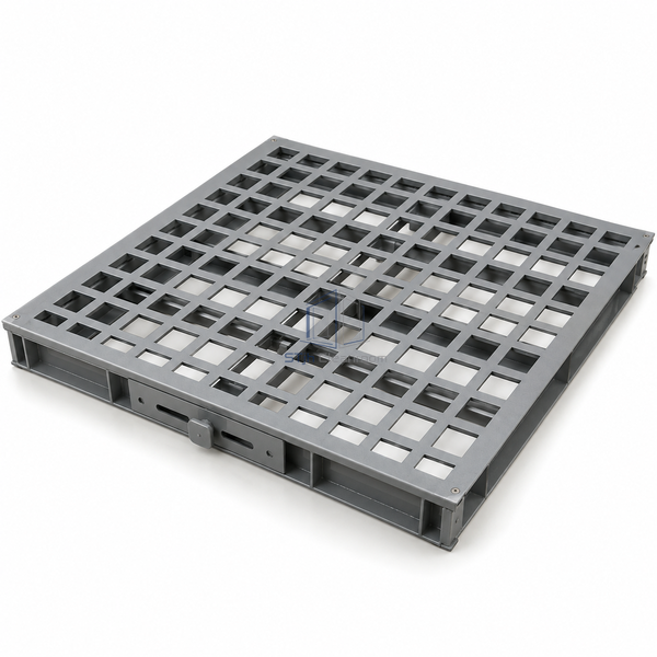 STJH 38 percent open steel ventilation floor panel shown complete with perforated face and reinforced tubular frame on white