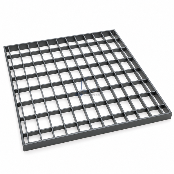 STJH 65 percent open steel grate access-floor panel with epoxy-coated bars and complete square frame on white