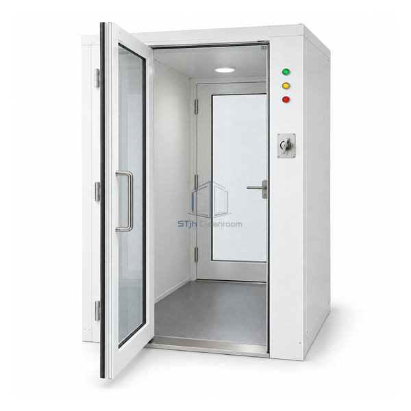 STjh compact 52 by 44 inch passive personnel airlock with powder-coated shell and interlocked swing doors