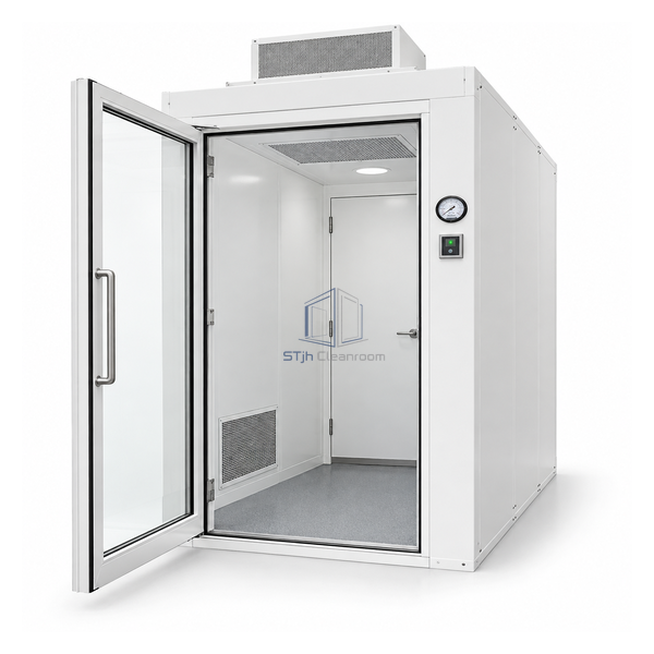 STjh 52 by 72 inch pressurized personnel airlock with roof HEPA fan-filter unit and two-person chamber