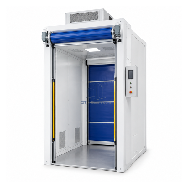 STjh fast roll-up personnel airlock with flexible doors, side guides, safety light curtains and roof HEPA unit