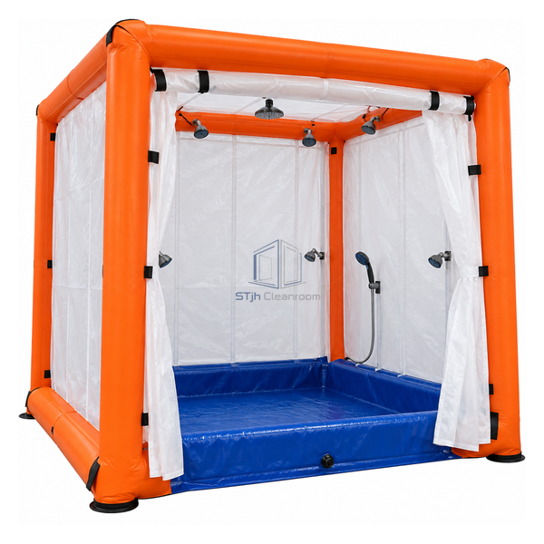 STjh standard square pneumatic personnel decontamination shower with seven heads, hand spray and containment pool