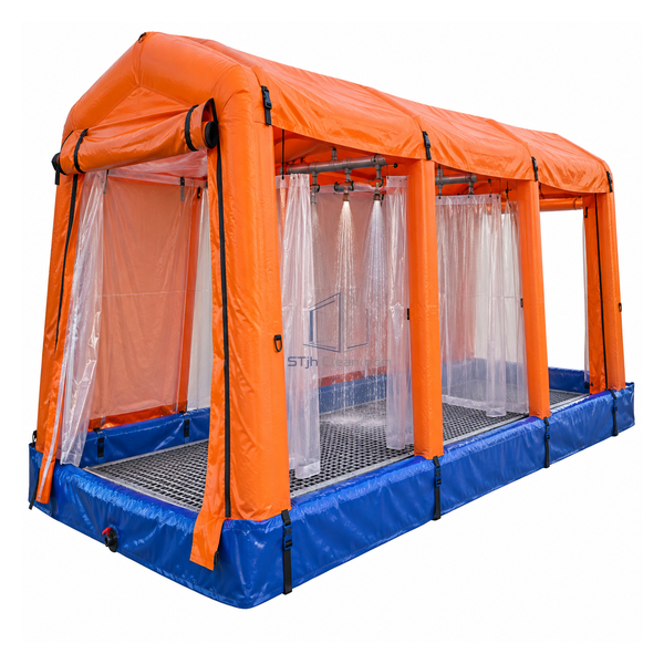 STjh long three-station pneumatic decontamination system with separate undress, shower and redress bays