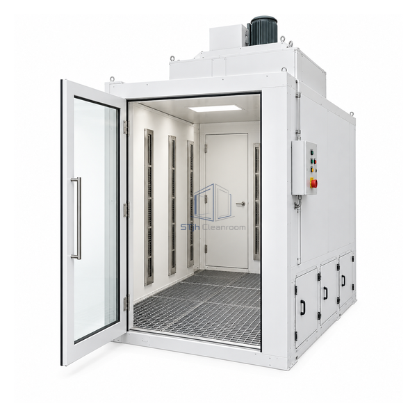 STjh 1500 CFM personnel dust-removal booth with vertical air knives, grated downdraft floor and cartridge access panels