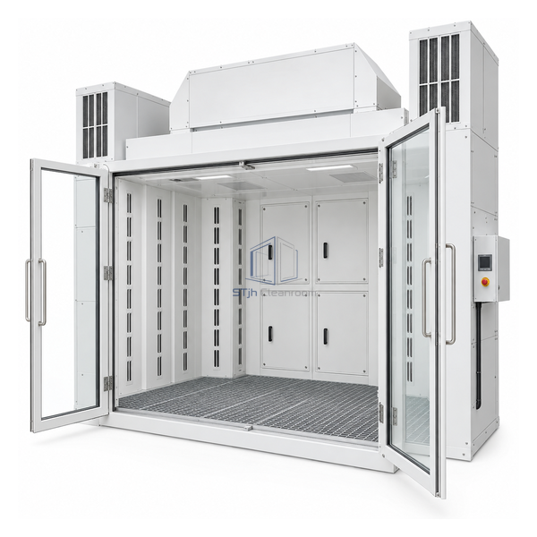 STjh 2400 CFM high-capacity dust-removal booth with dense air-knife slots, twin intake towers and four filter panels
