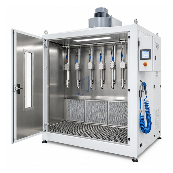 STjh hybrid personnel dust-removal cabinet with reciprocating nozzle rails, manual cleaning hose and grated floor