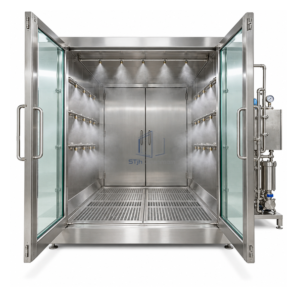STjh wide 1400 by 1940 mm personnel misting shower with twin glazed doors and multiple fog nozzle rails