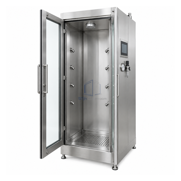 STjh compact 750 by 940 mm stainless personnel misting shower with interlocked glazed doors and fog nozzles